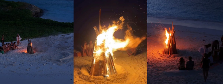 hoguera de despedida de un viaje en grupo a Maldivas en un banco de arena