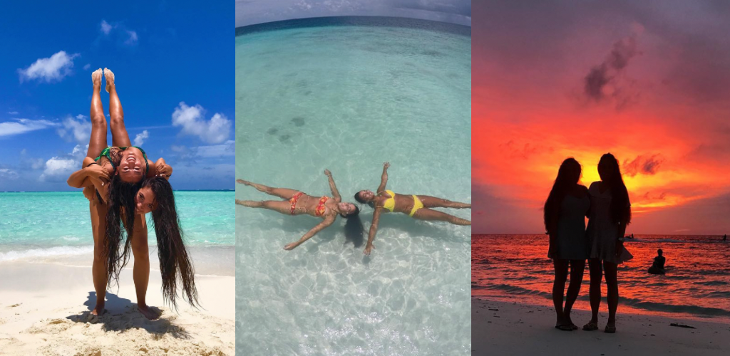 Banco de arena, flotando en las aguas turquesas y cristalinas de Maldivas y atardecer espectacular en la isla local de Maafushi