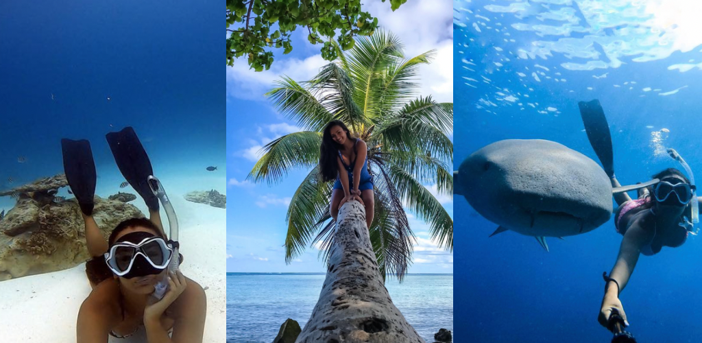 Descansando en el fondo marino de Maldivas, subida a una palmera de la isla local de Maafushi, nadando con tiburones nodriza foto selfie