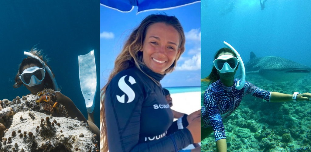 Explorando los arrecifes de Maldivas, trabajando como guía de snorkel, nadando con el pez mas grande del mundo, el tiburón ballena en las aguas cristalinas de Maldivas